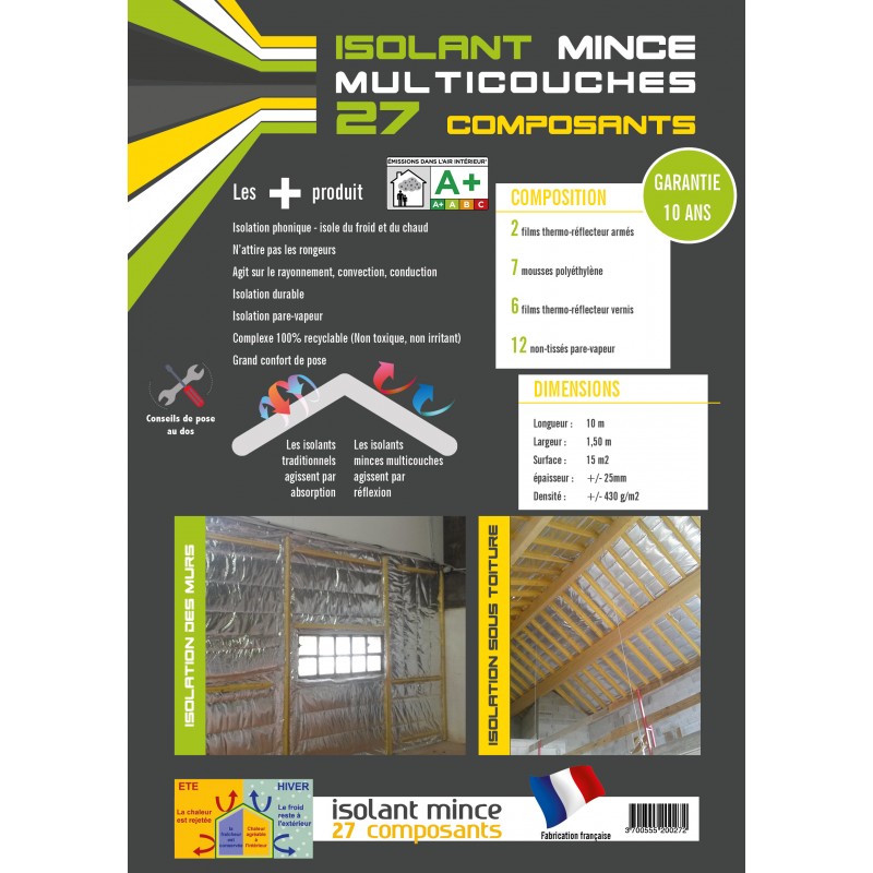 Isolant multicouche mince pour toiture et rénovation - Isolation thermique  et phonique - découpable - 27 épaisseurs 7 m² - Cdiscount Bricolage